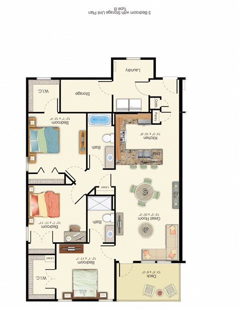 Floor plan for 3 beds, 2 baths, 1442 sqft